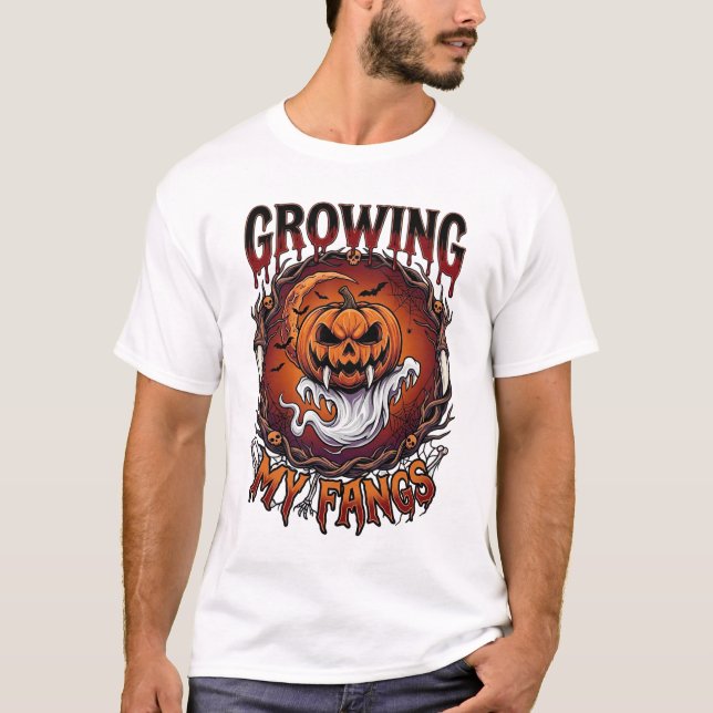 Growing Fangs Vampire Pumpkin Ghost Bats Skulls T-Shirt (Front)
