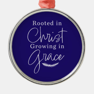 Growing in Grace Blue and White Round Christmas Metal Ornament