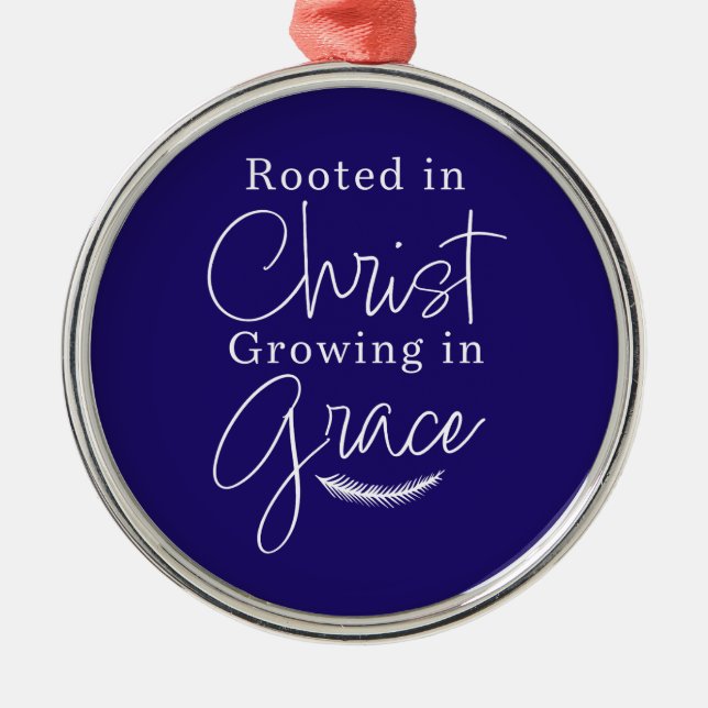 Growing in Grace Blue and White Round Christmas Metal Ornament (Front)