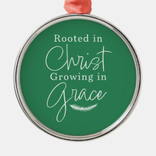 Growing in Grace Green and White Round Christmas Metal Ornament