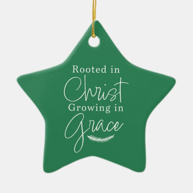 Growing in Grace Green and White Star Christmas Ceramic Ornament (Front)