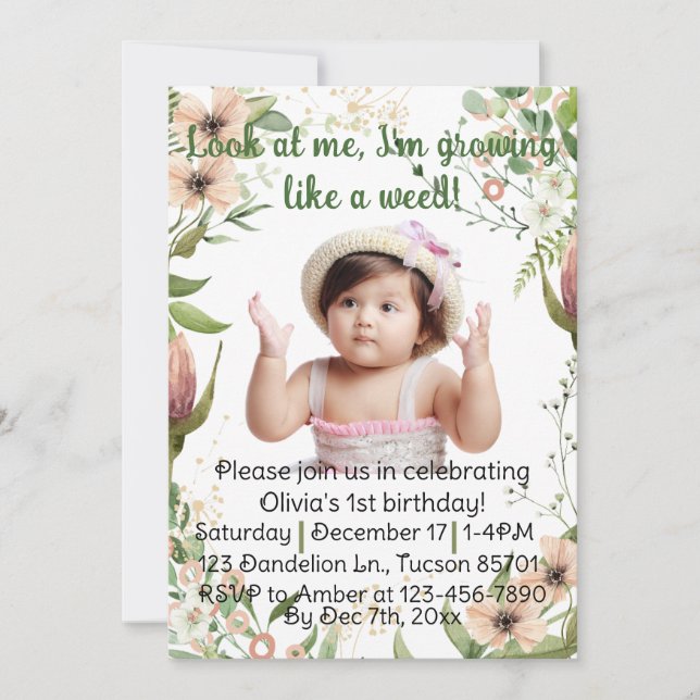 Growing like a weed, girl first birthday, invitation (Front)