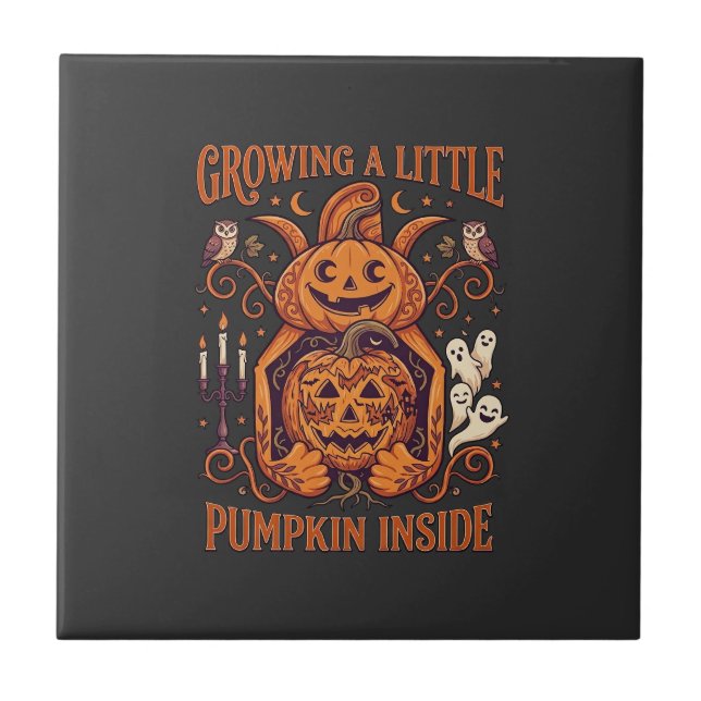 Growing Little Pumpkin Inside Halloween Pumpkins G Ceramic Tile (Front)