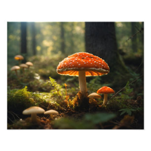 Growing mushrooms in forest photo print