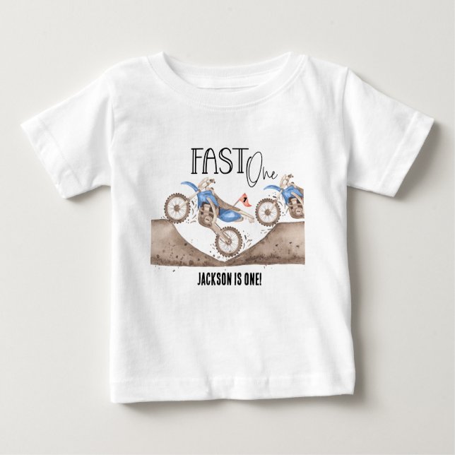 Growing up FAST ONE Blue Dirt Bike 1st birthday  Baby T-Shirt (Front)