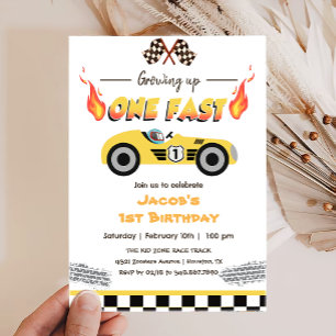 Growing Up One Fast Red Race Car 1st Birthday Invitation