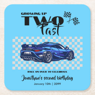 Growing Up To Fast 2nd birthday Blue Sports Car Square Paper Coaster