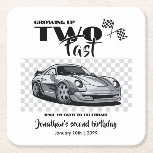 Growing Up To Fast 2nd birthday Modern Race Car Square Paper Coaster