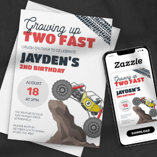 Growing Up Tow Fast 2nd Birthday Monster Truck Invitation