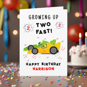 Growing Up Two Fast 2nd Birthday Kids Racing Cars Card