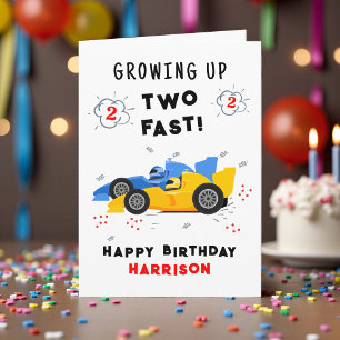 Growing Up Two Fast 2nd Birthday Kids Racing Cars Card