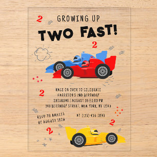 Growing Up Two Fast 2nd Birthday Race Cars Acrylic Invitations