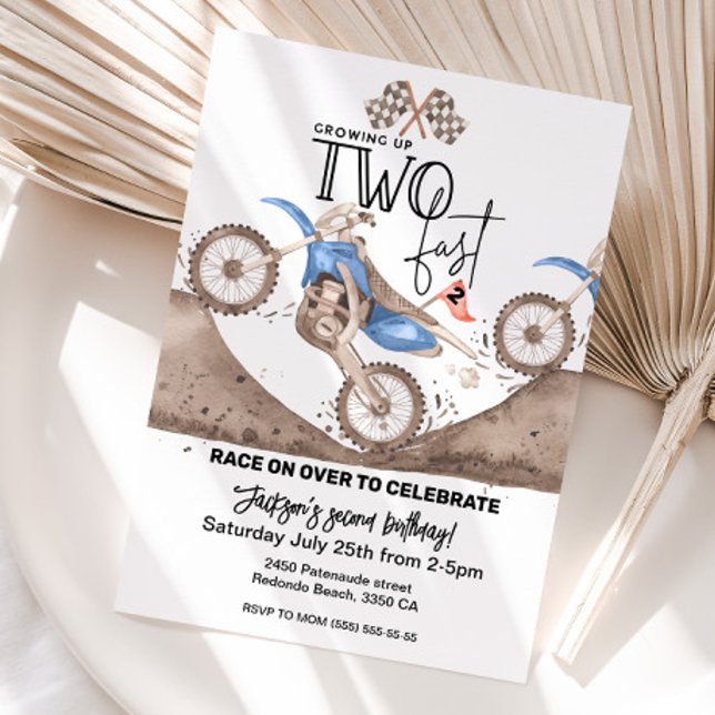 Growing up TWO FAST Blue Dirt Bike 2nd birthday  Invitation (Blue dirt bike birthday invitation, second birthday TWO FAST)