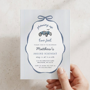 Growing Up Two Fast Blue Pinstripe Birthday  Announcement