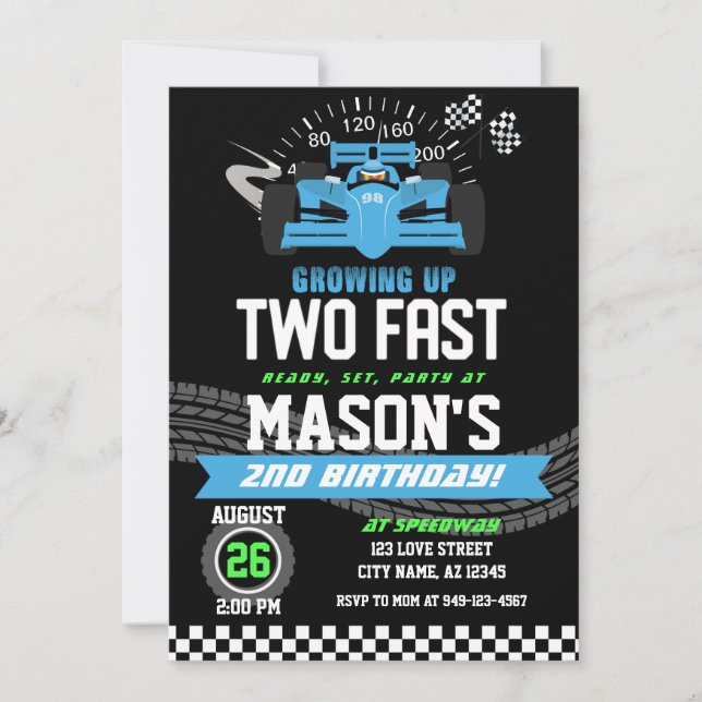 Growing up Two Fast Blue Race car 2nd birthday Invitation (Front)