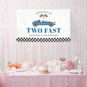 Growing up Two Fast Blue Racing Car Birthday Banner