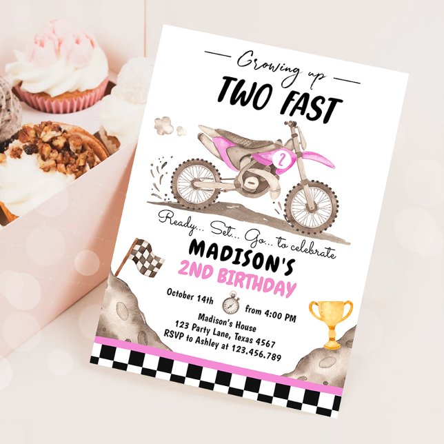 Growing Up Two Fast Dirt Bike Biking Girl Birthday Invitation (Creator Uploaded)