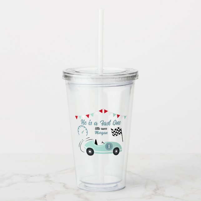 Growing Up Two Fast Festive Blue Race Car Birthday Acrylic Tumbler (Front)