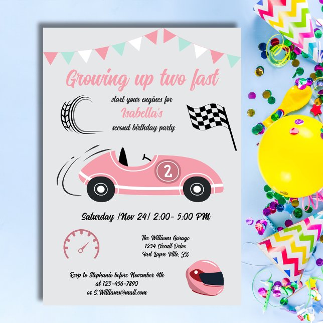 Growing Up Two Fast Festive Pink Race Car Birthday Invitation (Creator Uploaded)