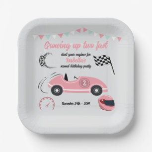 Growing Up Two Fast Festive Pink Race Car Birthday Paper Plate