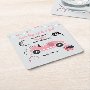 Growing Up Two Fast Festive Pink Race Car Birthday Square Paper Coaster