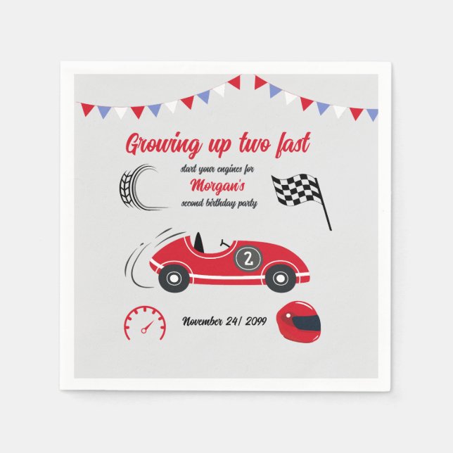 Growing Up Two Fast Festive Red Race Car Birthday Napkin (Front)
