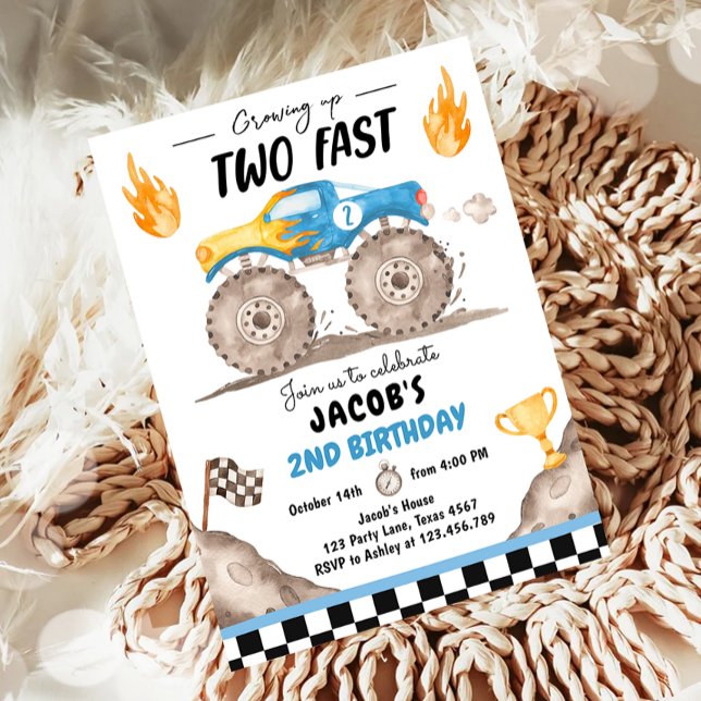 Growing Up Two Fast Monster Truck Boy Birthday Invitation (Creator Uploaded)