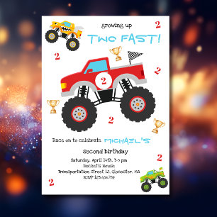 Growing up two fast monster trucks boy birthday invitation
