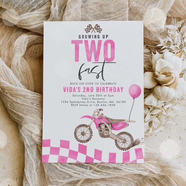Growing Up Two Fast Pink Dirt Bike Girl Birthday Invitation (Creator Uploaded)