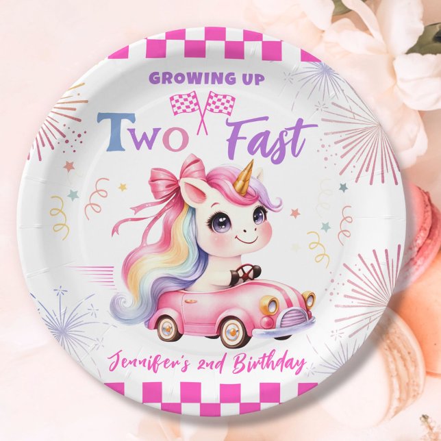 Growing Up Two Fast! Pink Race Car 2nd Birthday Paper Plate (Creator Uploaded)