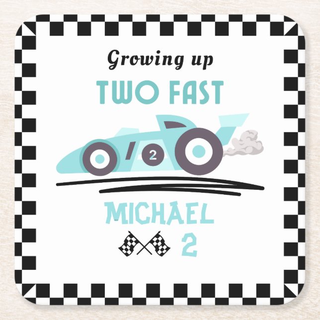Growing Up Two Fast Race Car Blue Boy 2nd birthday Square Paper Coaster (Front)