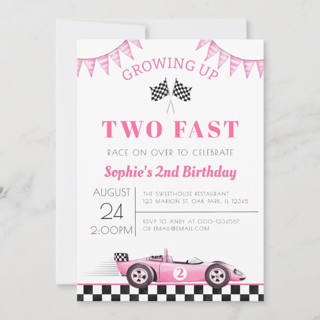 Growing Up Two Fast Race Car Girl 2nd Birthday Invitation (Front)