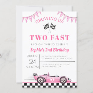 Growing Up Two Fast Race Car Girl 2nd Birthday Invitation
