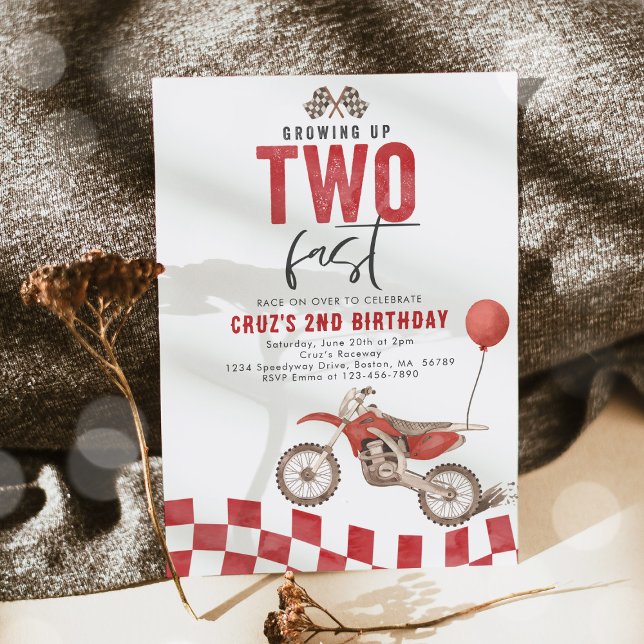 Growing Up Two Fast Red Dirt Bike Boy Birthday Invitation (Creator Uploaded)