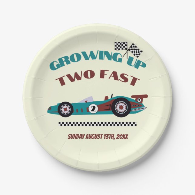Growing Up Two Fast Retro Race Car Second Birthday Paper Plate (Front)