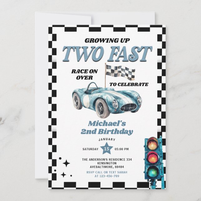 Growing Up Two Fast Vintage Race Car 2nd Birthday Invitation (Front)