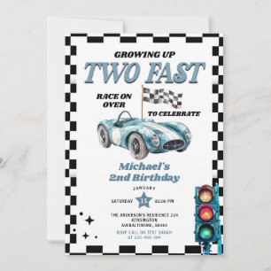 Growing Up Two Fast Vintage Race Car 2nd Birthday Invitation