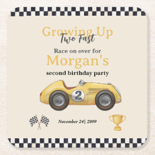 Growing Up Two Fast Yellow Race Car Kids 2nd Square Paper Coaster