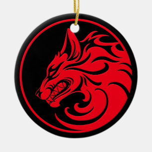 Growling Red and Black Wolf Circle Ceramic Ornament