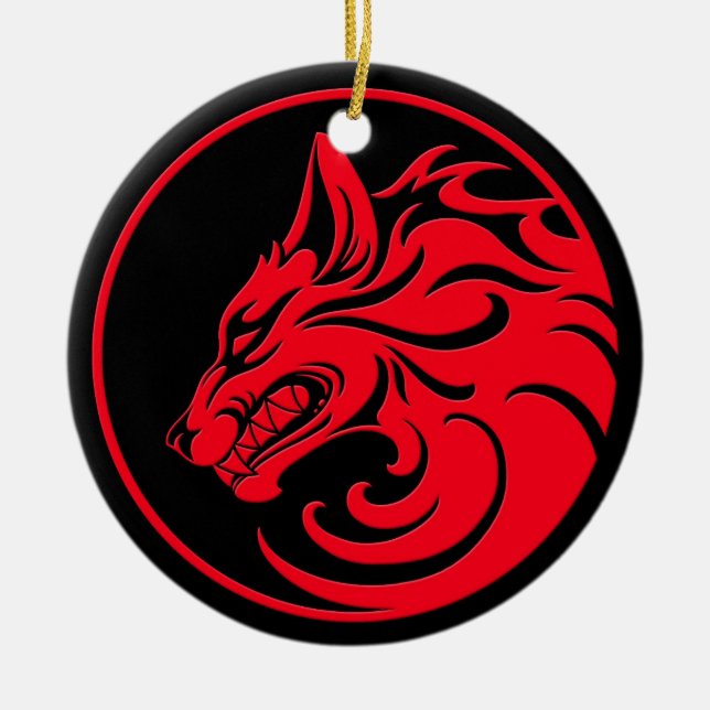Growling Red and Black Wolf Circle Ceramic Ornament (Front)