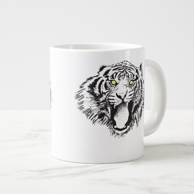Growling Tiger in Black with Yellow Eyes Large Coffee Mug (Front Right)