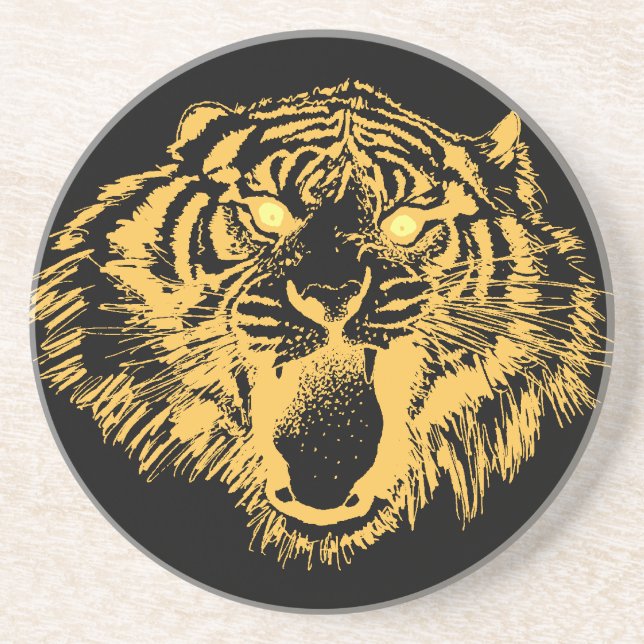Growling Tiger in Orange With Yellow Eyes Coaster (Front)