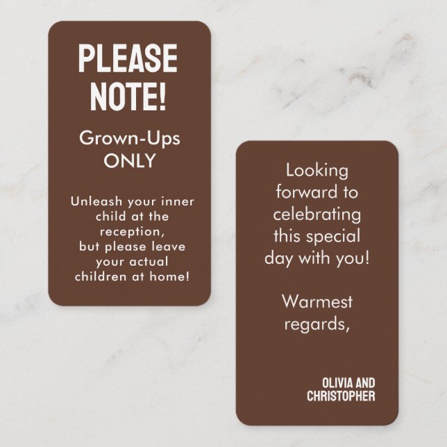 Grown-ups Only! Minimalist Bold Rustic Harmony Enclosure Card (Front/Back)