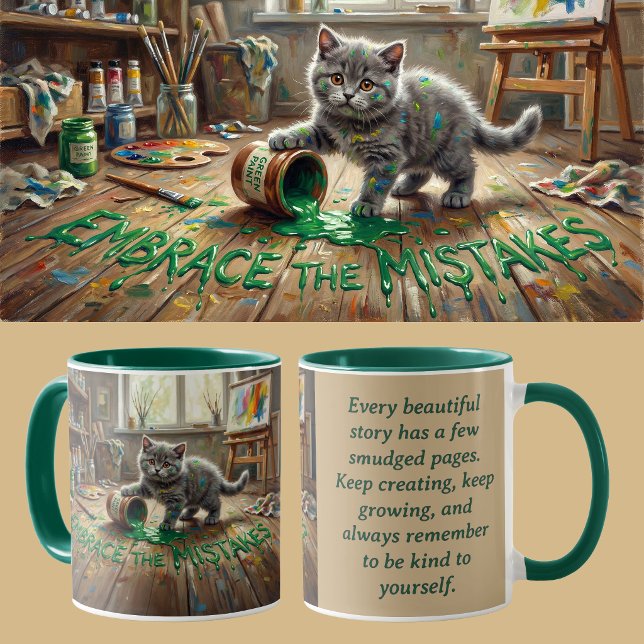 Growth Mindset Kitten Animalcore Therapy Art Mug (Grey Kitten Growth Mindset Coffee Mug Inspiration gift for teachers, therapists & encouragement.)