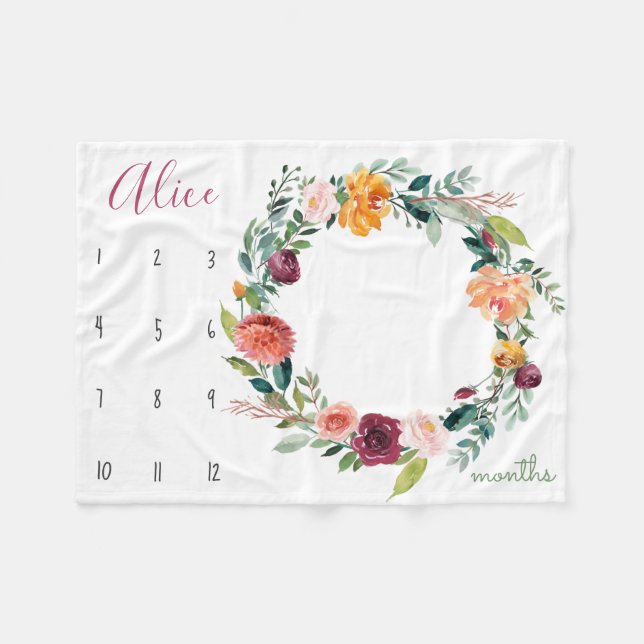 Growth tracker - Milestone watercolor flowers Fleece Blanket (Front (Horizontal))