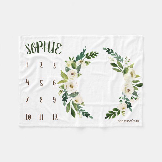 Growth tracker -  White blooms branches Milestone Fleece Blanket (Front (Horizontal))