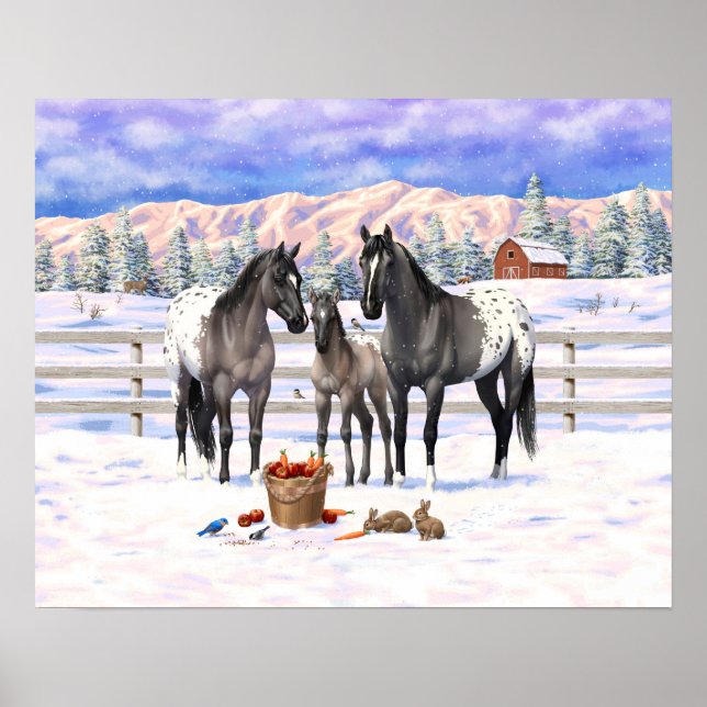 Grulla Gray Appaloosa Horses On A Farm In Snow Poster (Front)