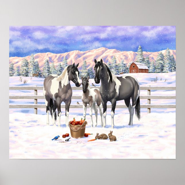 Grulla Pinto Gray Paint Horses on a Winter Farm Poster (Front)