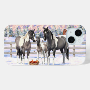 Grulla Pinto Grey Paint Horses on a Winter Farm iPhone 15 Case
