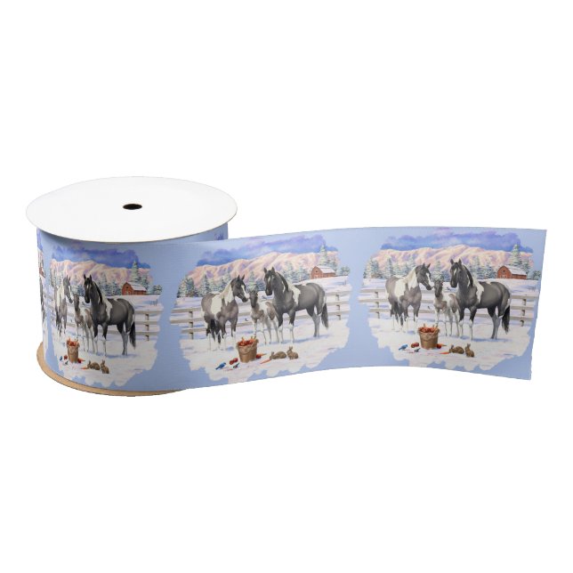 Grulla Pinto Grey Paint Horses on a Winter Farm Satin Ribbon (Spool)